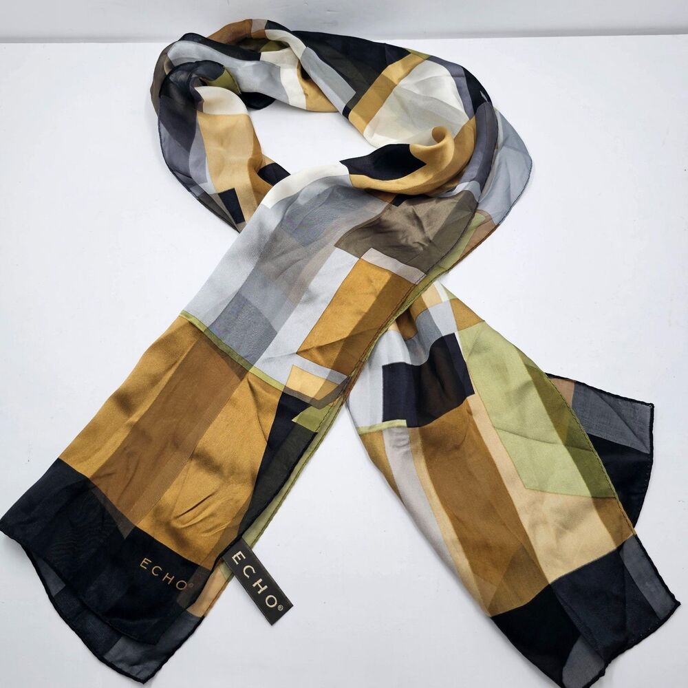 VTG Echo Silk Scarf Abstract Geometric Colorblock Gold Olive Green Oblong 11x52